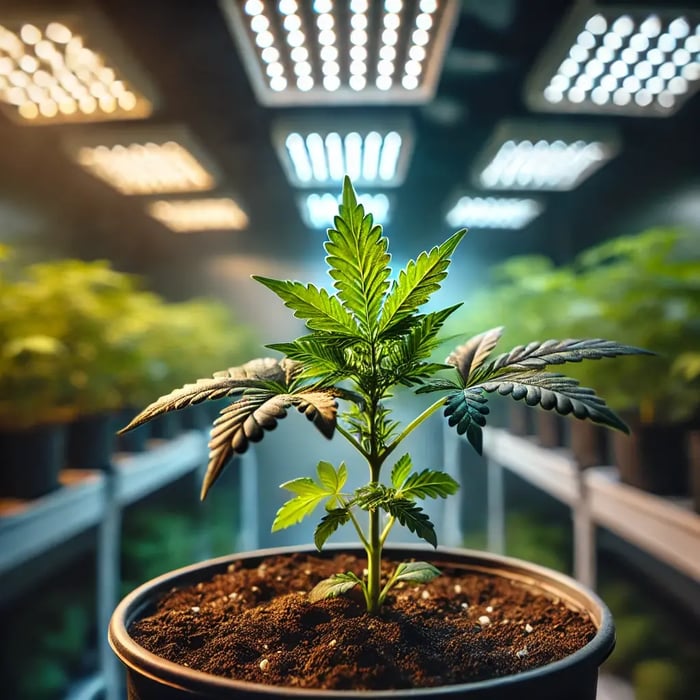 DALL·E-2025-02-03-09.42.28-A-highly-realistic-image-of-a-small-cannabis-plant-growing-in-an-indoor-environment.-The-young-plant-has-vibrant-green-leaves-and-a-sturdy-stem-emerg